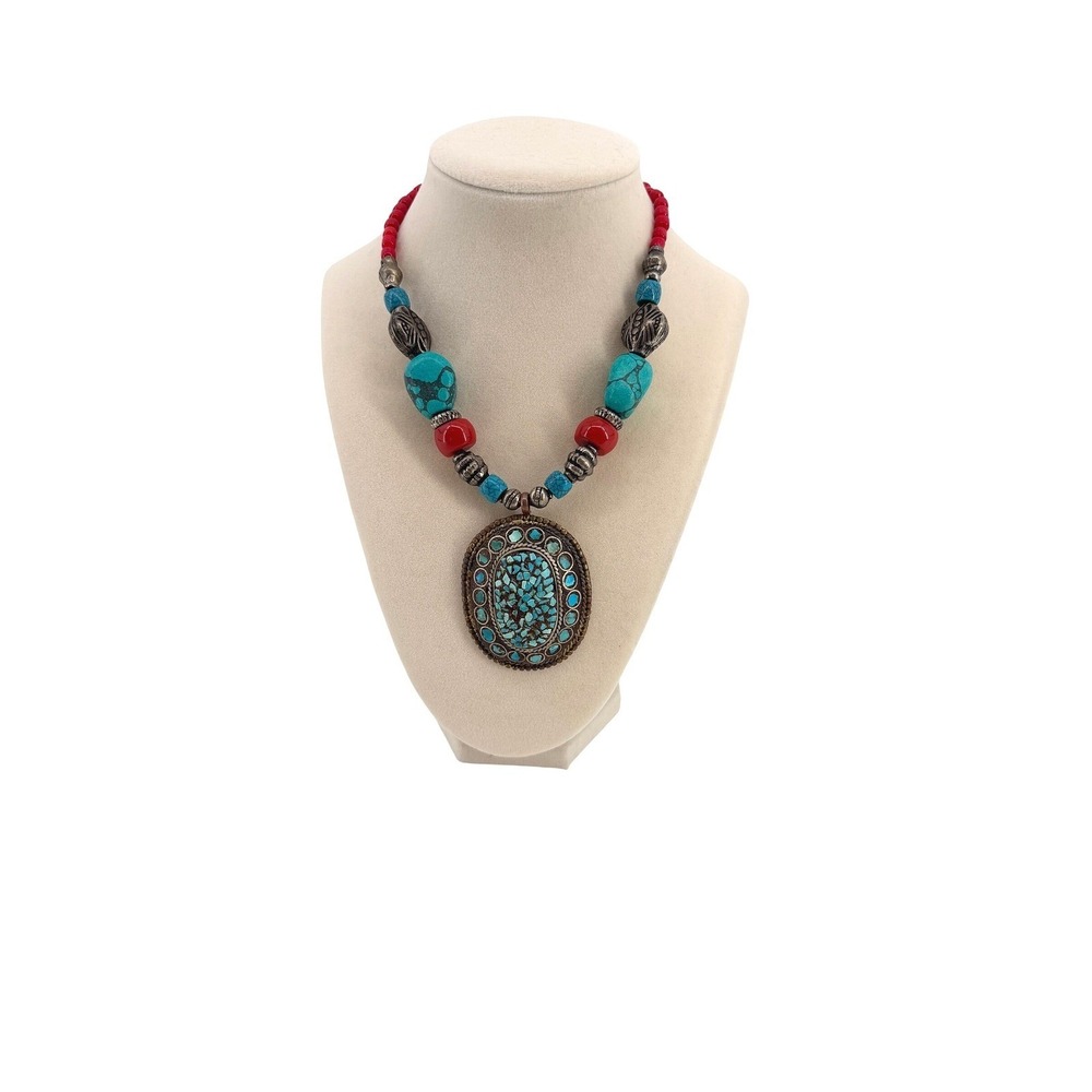 Vintage Tibetan Style‎ Turquoise Mosaic Red Bead Statement Necklace Boho Ethnic